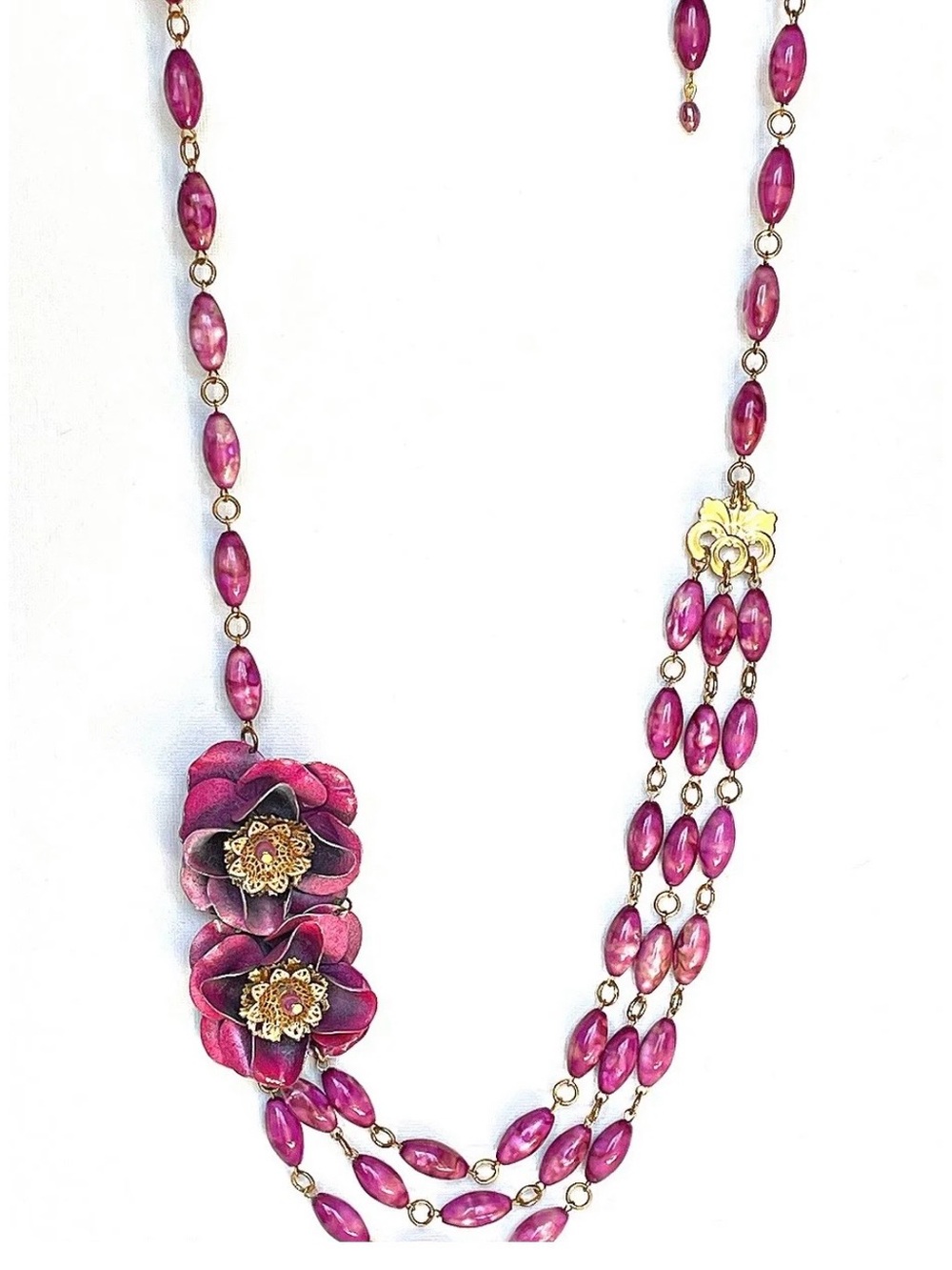 Handmade Purple and Pink Long Floral Statement Necklace